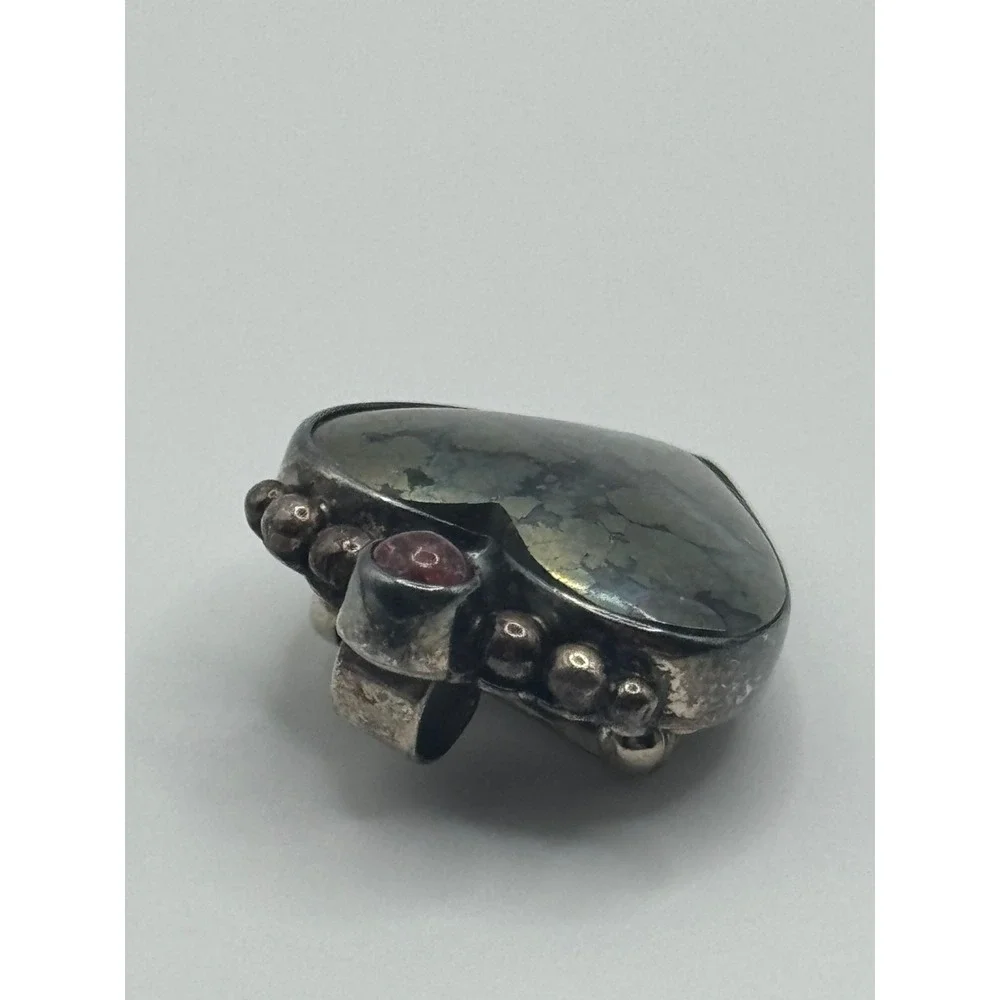 Sterling Silver KA Signed Multicolor Heart Cabochon Pendant Brooch Pin